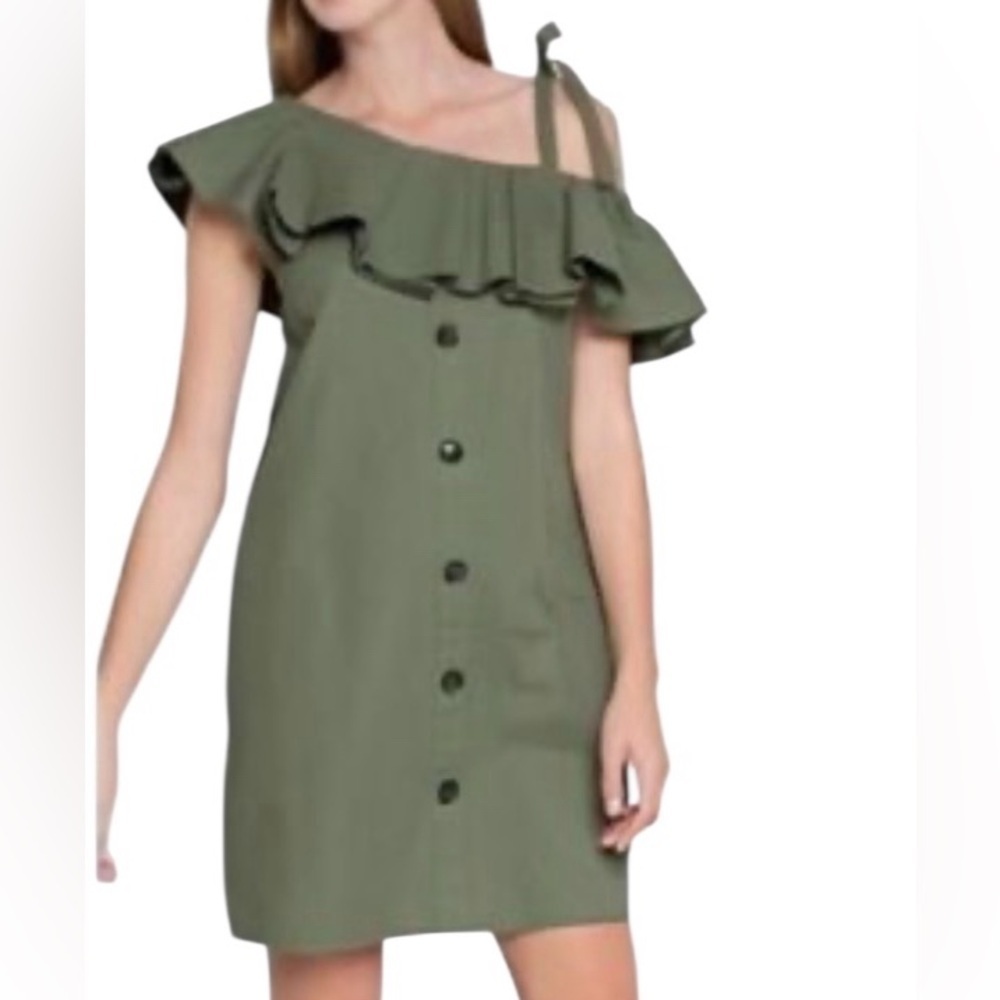ENGLISH FACTORY Green Mini Dress Assymetrical Ruffle Size Medium